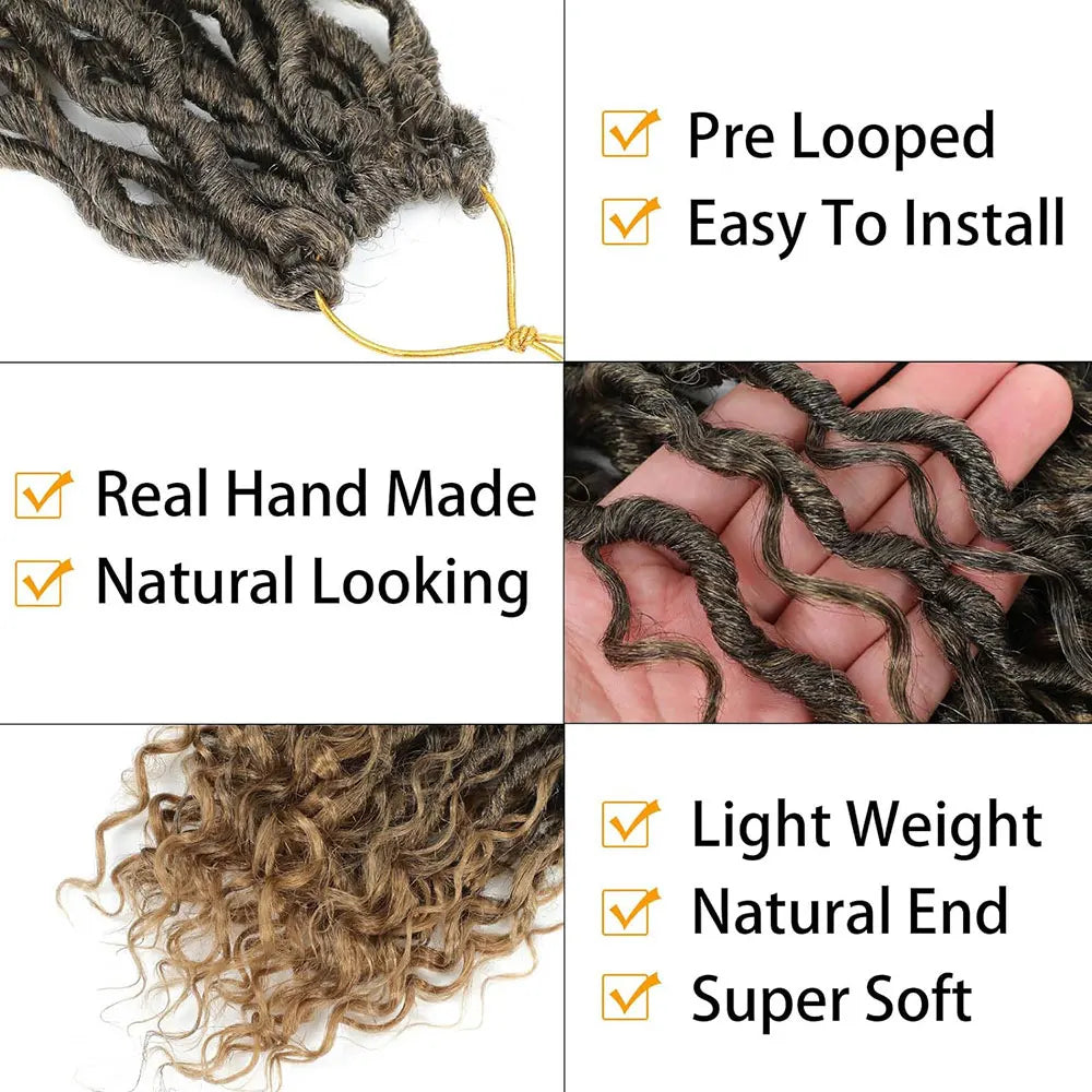 14-inch faux locs crochet hair with curly ends, pre-looped synthetic goddess locs for black women, boho crochet braiding hair.