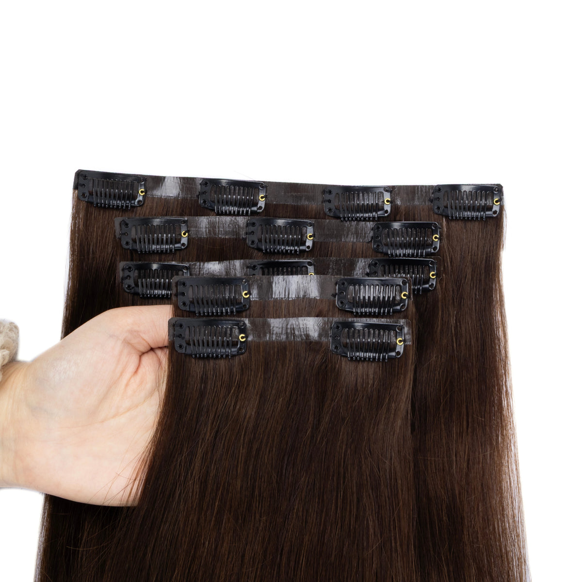 HSF Marketplace invisible PU clip-in human hair extensions, 7-piece set with injected PU tape weft