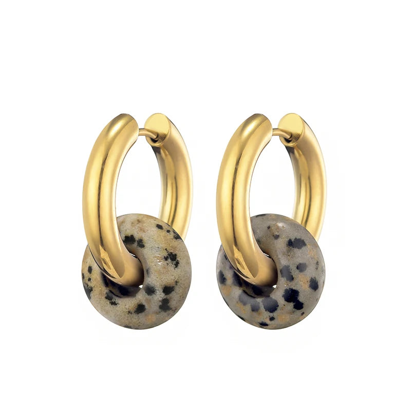 Natural stone turquoise round bead hoop earrings, 3mm thick stainless steel jewelry for women