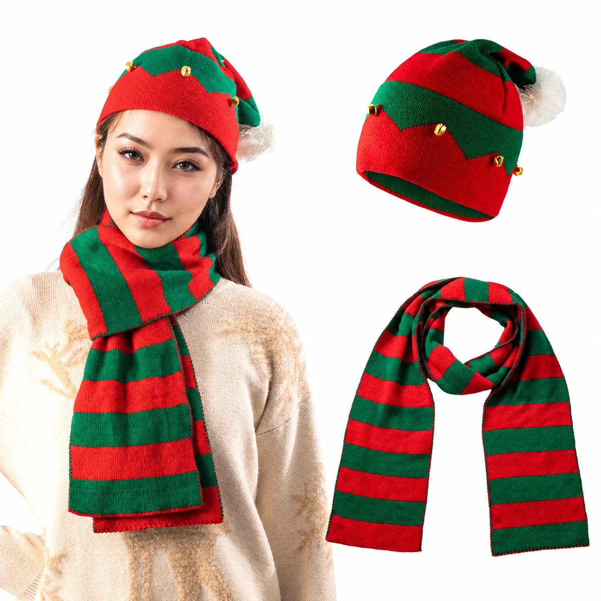 Christmas-themed knitted winter hat, scarf and glove set by HSF Marketplace