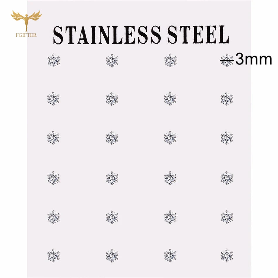 12 pairs white crystal stud earrings set, 2–7mm round and square zircons with golden stainless steel posts