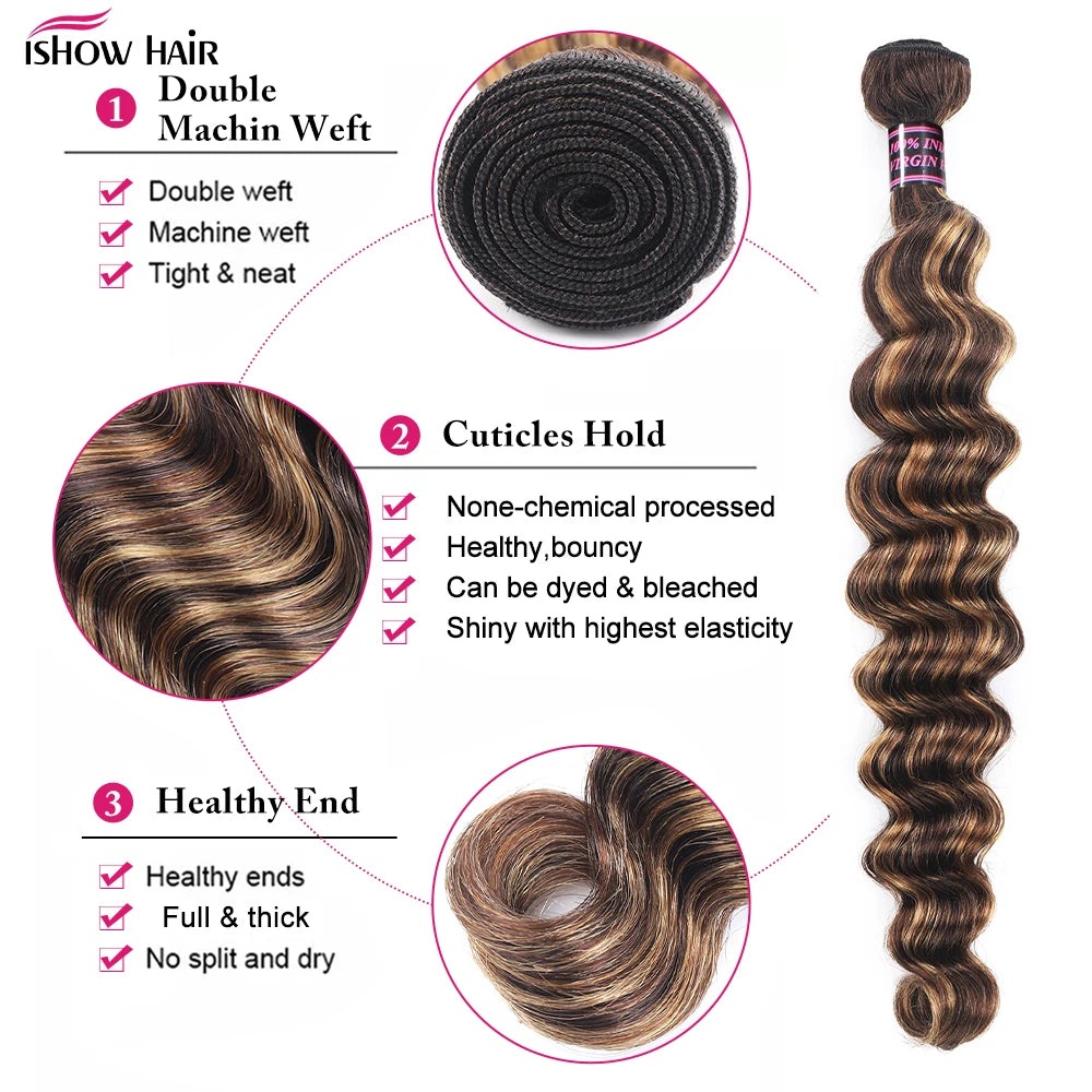 Ishow Highlight Loose Deep Wave Bundles With Closure 4x4 Lace Closure With Bundles 100% Remy Human Hair Extensions For Women