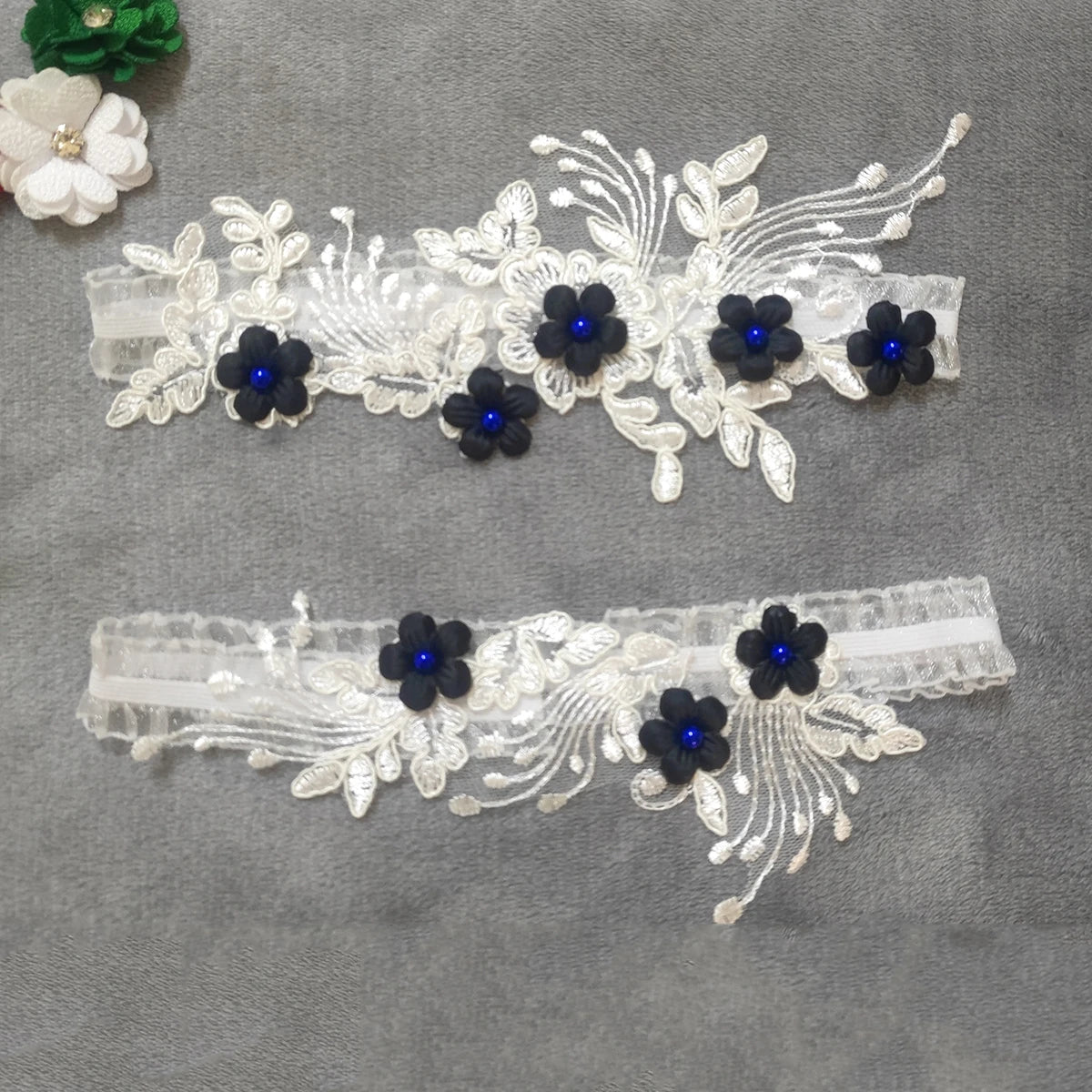 2-piece bridal garter thigh belts with pearl flower embroidery and elastic leg loops for weddings and parties