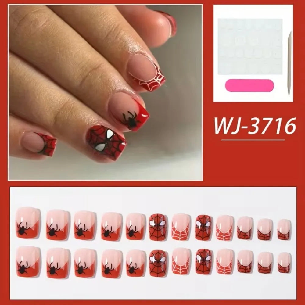 24-piece HSF Marketplace Halloween press-on false nails with red glossy square tips and spooky spider web design