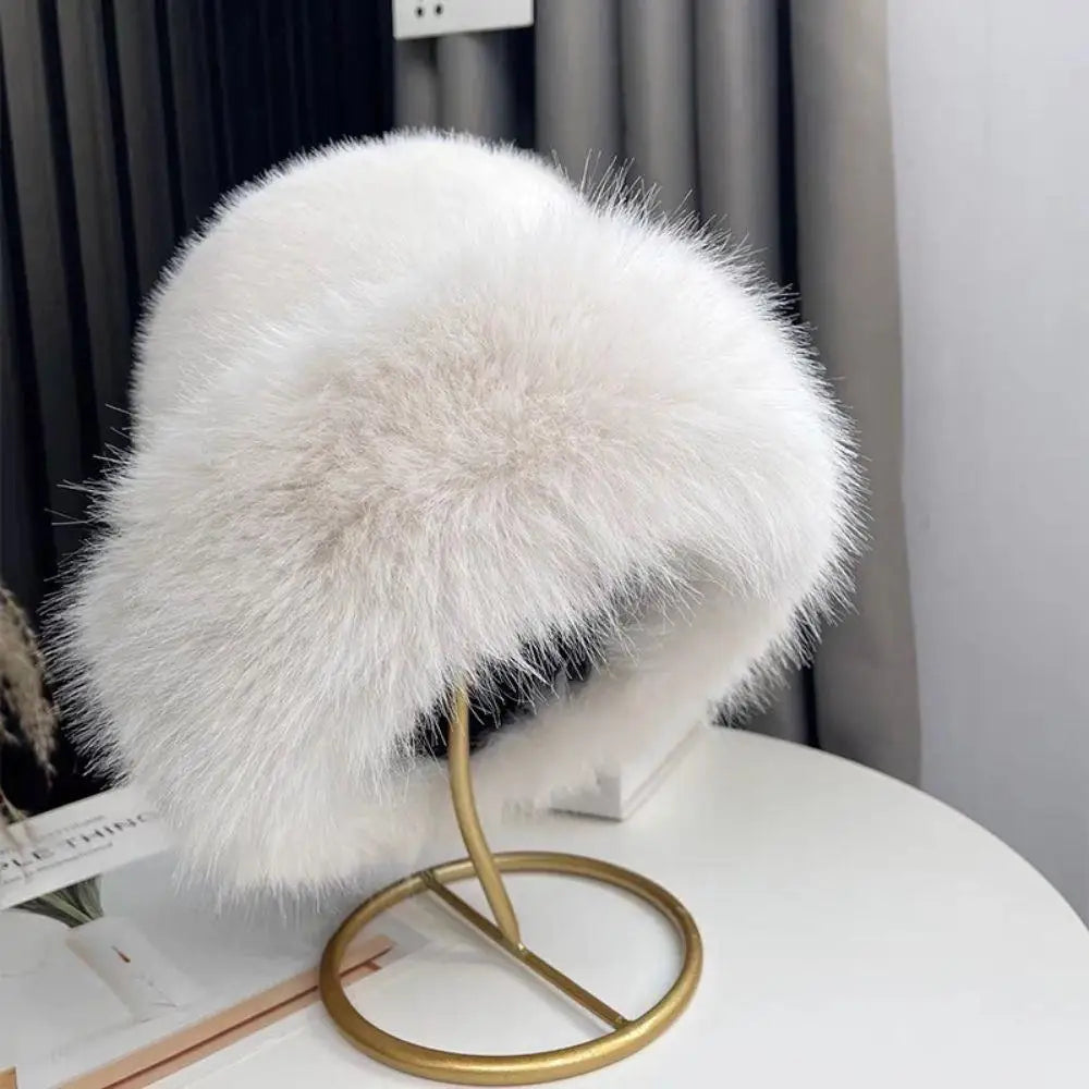 Women's leopard print faux fur fisherman hat, thick windproof winter headgear for warmth
