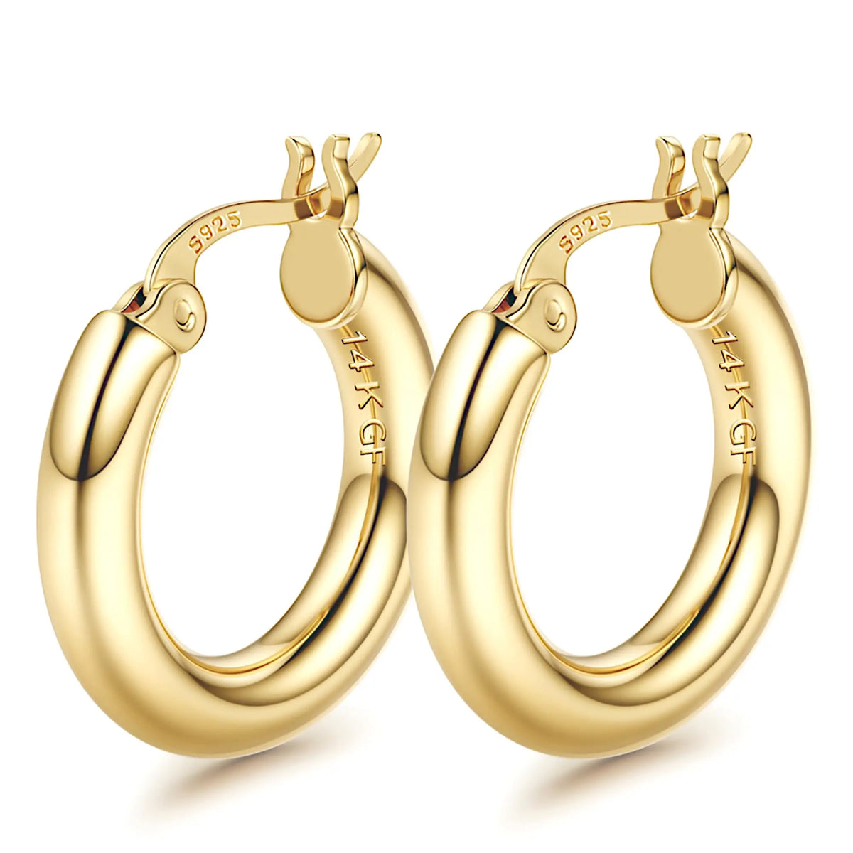 14K chunky gold plated hollow tube hoop earrings with 925 sterling silver posts, lightweight 4mm hoops for women