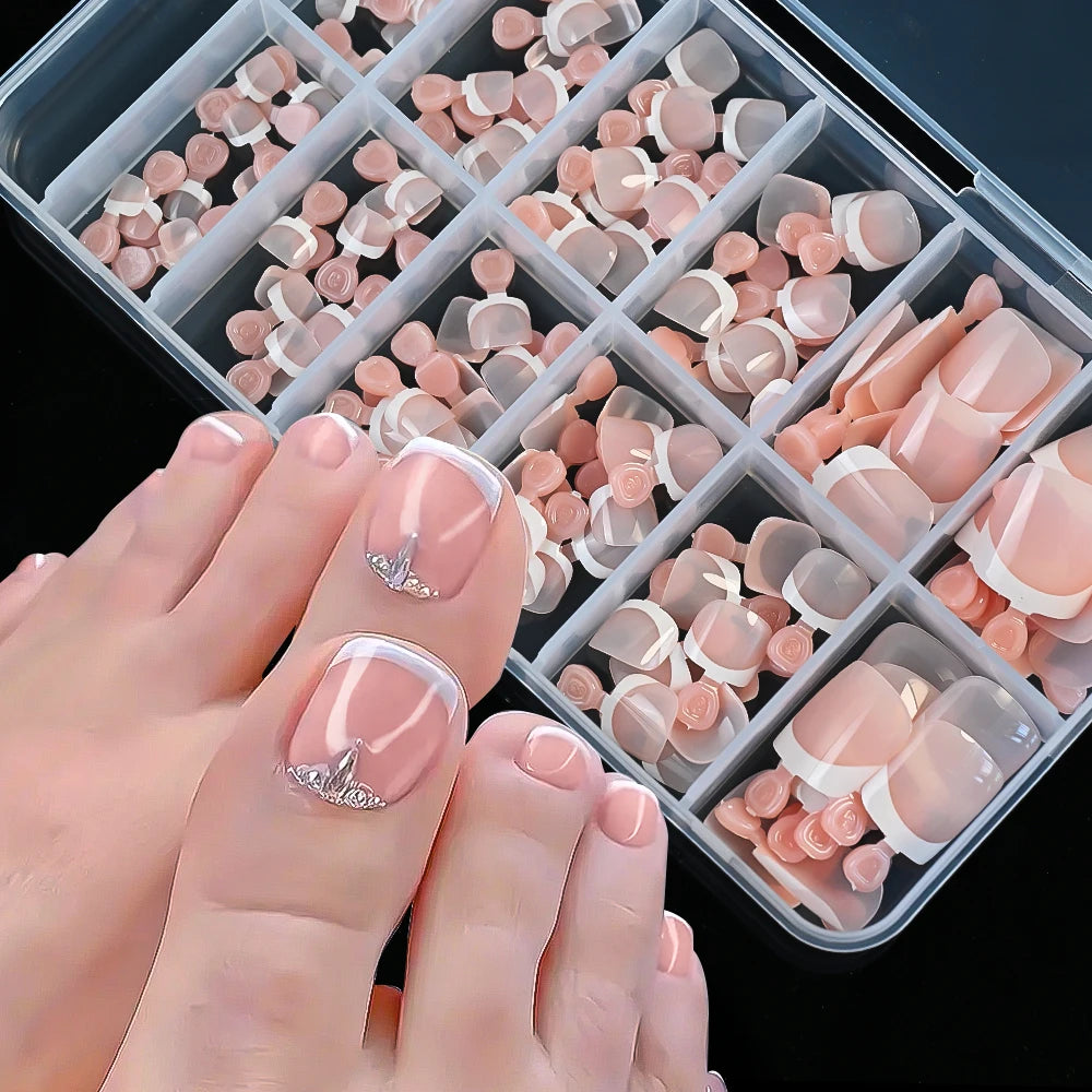 HSF Marketplace pink French tip press-on toenails, square short glossy false toe nails set, 120-piece box