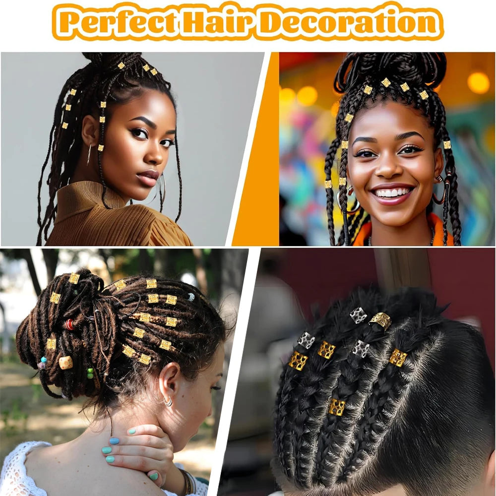 50-piece HSF Marketplace hollow-out hair rings for braiding and dreadlocks, shown in assorted metallic colors