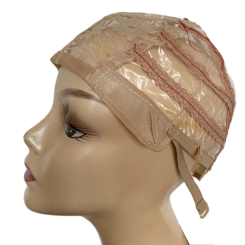 Beige 5PCS Medium Black Wig Making Cap Top Stretch Plastic Weaving Cap with Adjustable Strap for Making Wigs