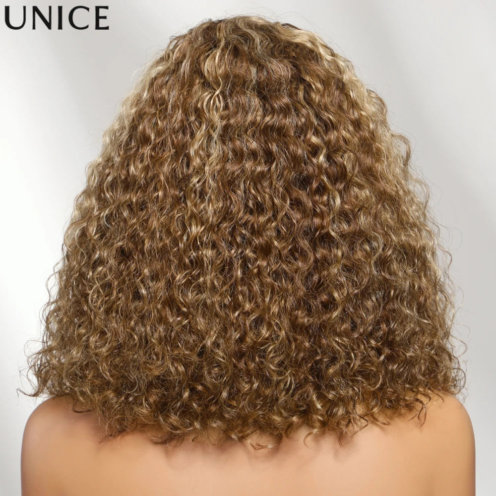 UNice 7x5 Bye-Bye Slip™ Lace Honey Blonde Highlights Voluminous Curly Bob Wig With Drawstring 100% Human Hair Wig Pre Cut Pre Bleached Glueless Wig Ready To Wear Go 180% Density