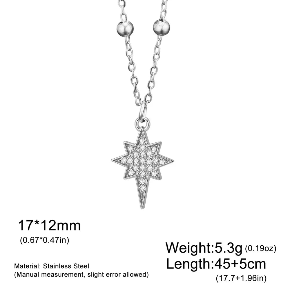 Gold stainless steel North Star pendant necklace for women with zircon accents, waterproof jewelry, featuring an eight-pointed star design.