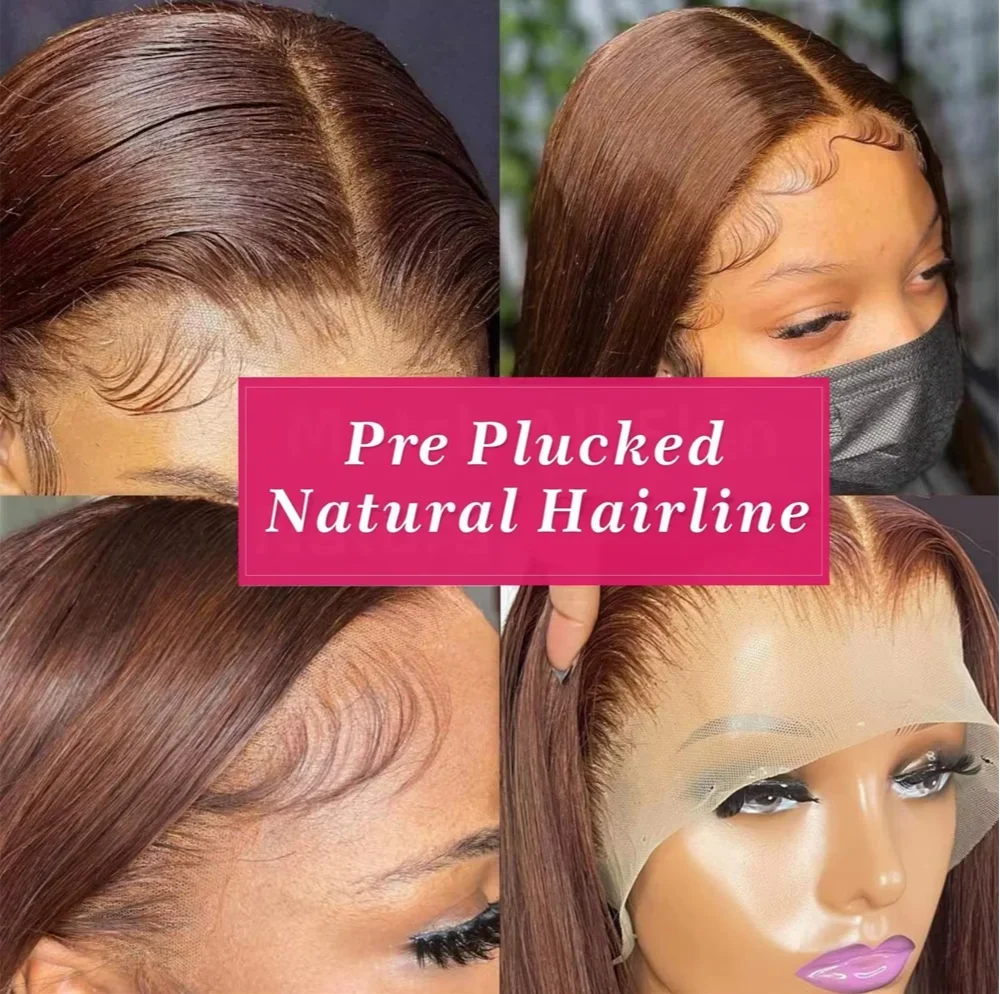 Long 46-inch straight chocolate brown human hair wig with 13x4 lace frontal, 200% density, HD transparent lace, from HSF Marketplace.