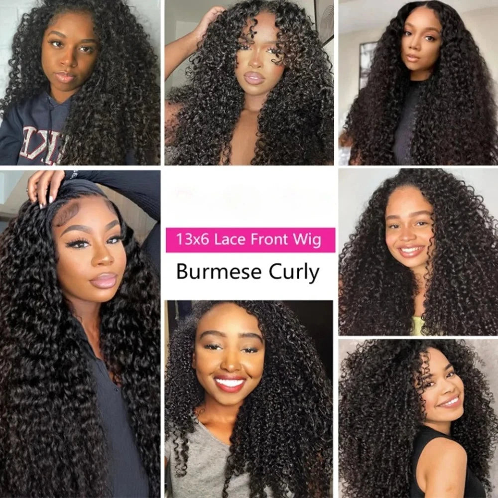 Burmese curly 13x6 HD lace front human hair wig, 220 density, preplucked glueless style for women