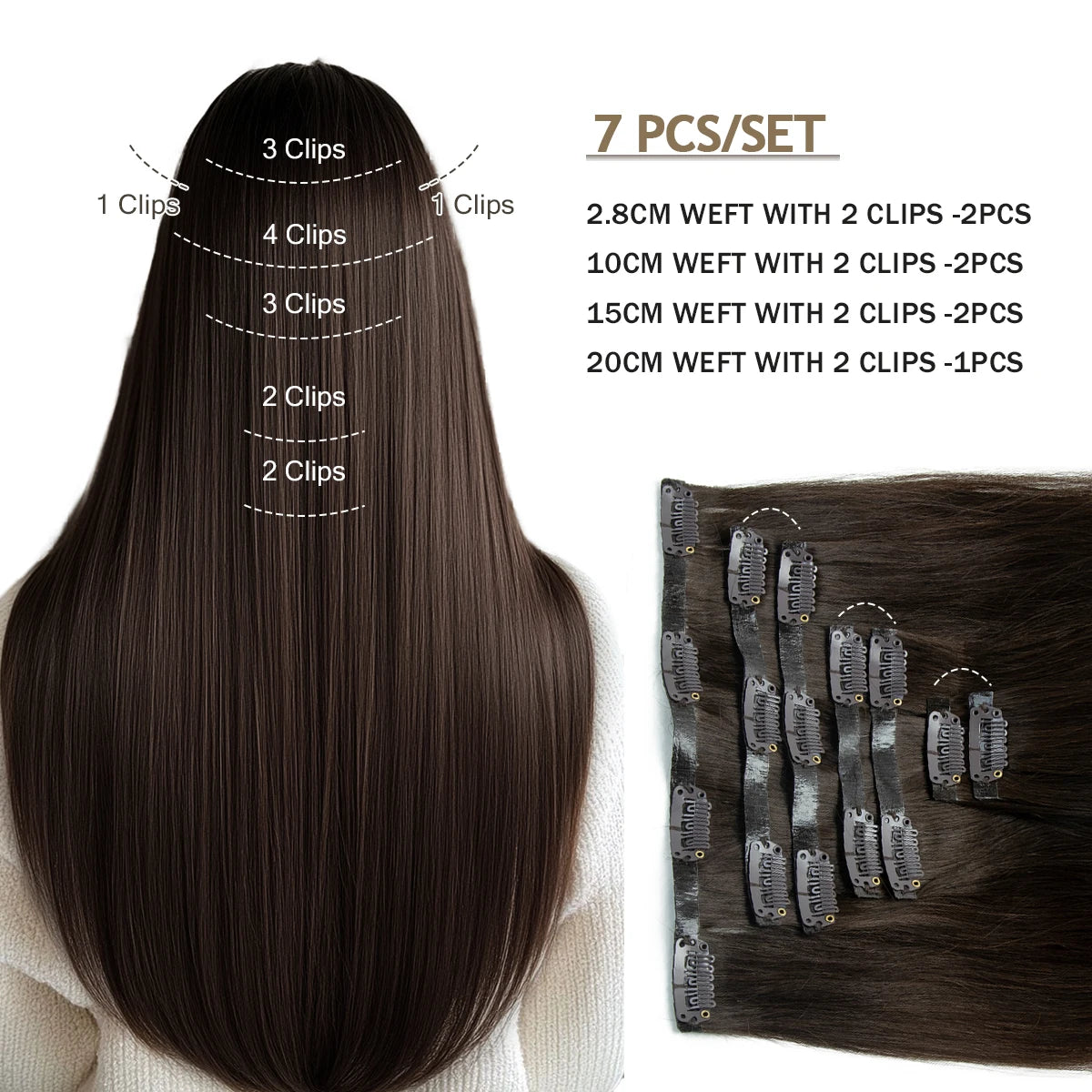 HSF Marketplace invisible PU weft clip-in human hair extensions, 7-piece silk straight Remy hair set 12–24 inches