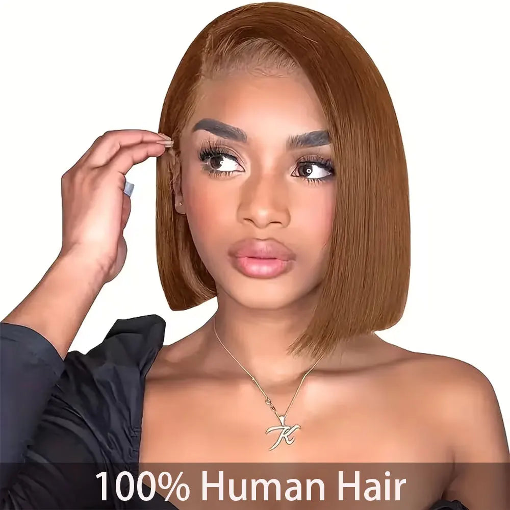 #4 brown 13x4 human hair bob wig with straight style, pre-plucked transparent lace frontal