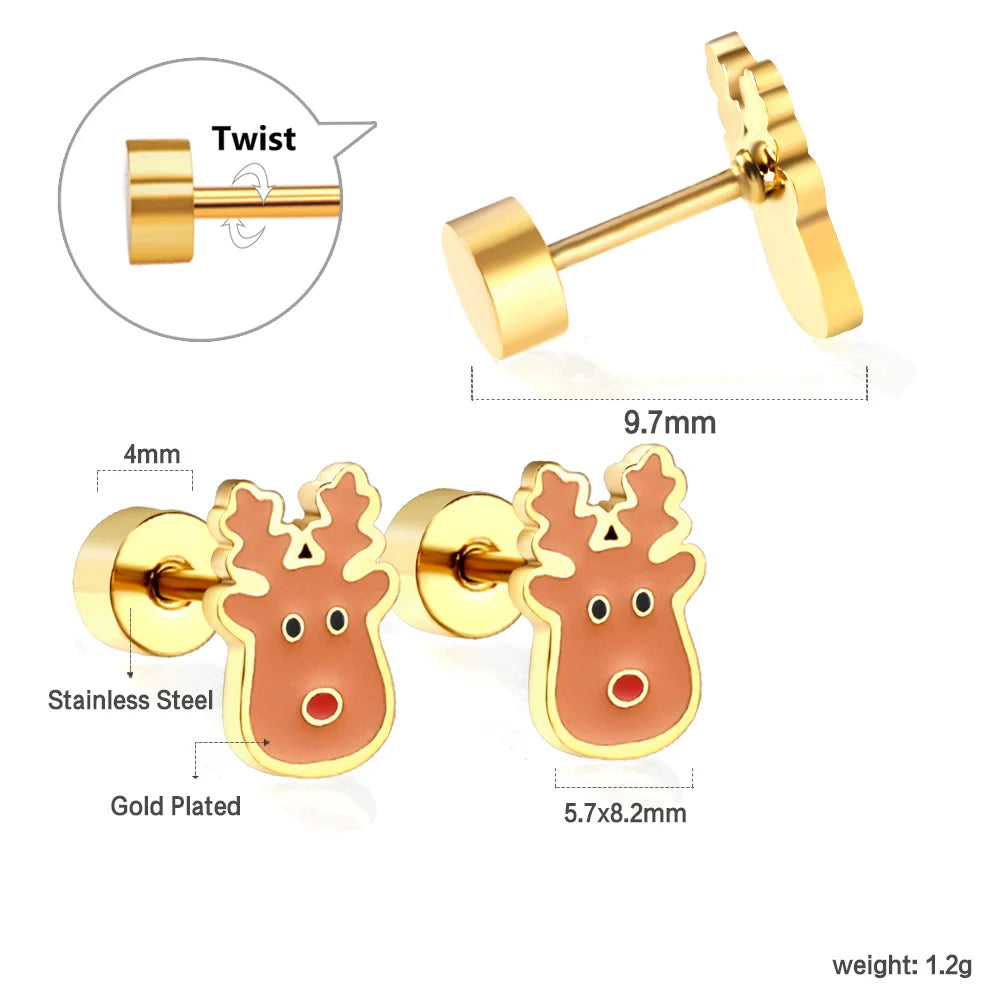 Stainless steel Christmas tree, deer head and snowman stud earrings by HSF Marketplace