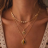 Retro 3 Layers Gold Plated Tiger Eye Stone Necklace For Women Boho Sun Zircon Sun Pendant Beaded Stackable Choker Party Jewelry