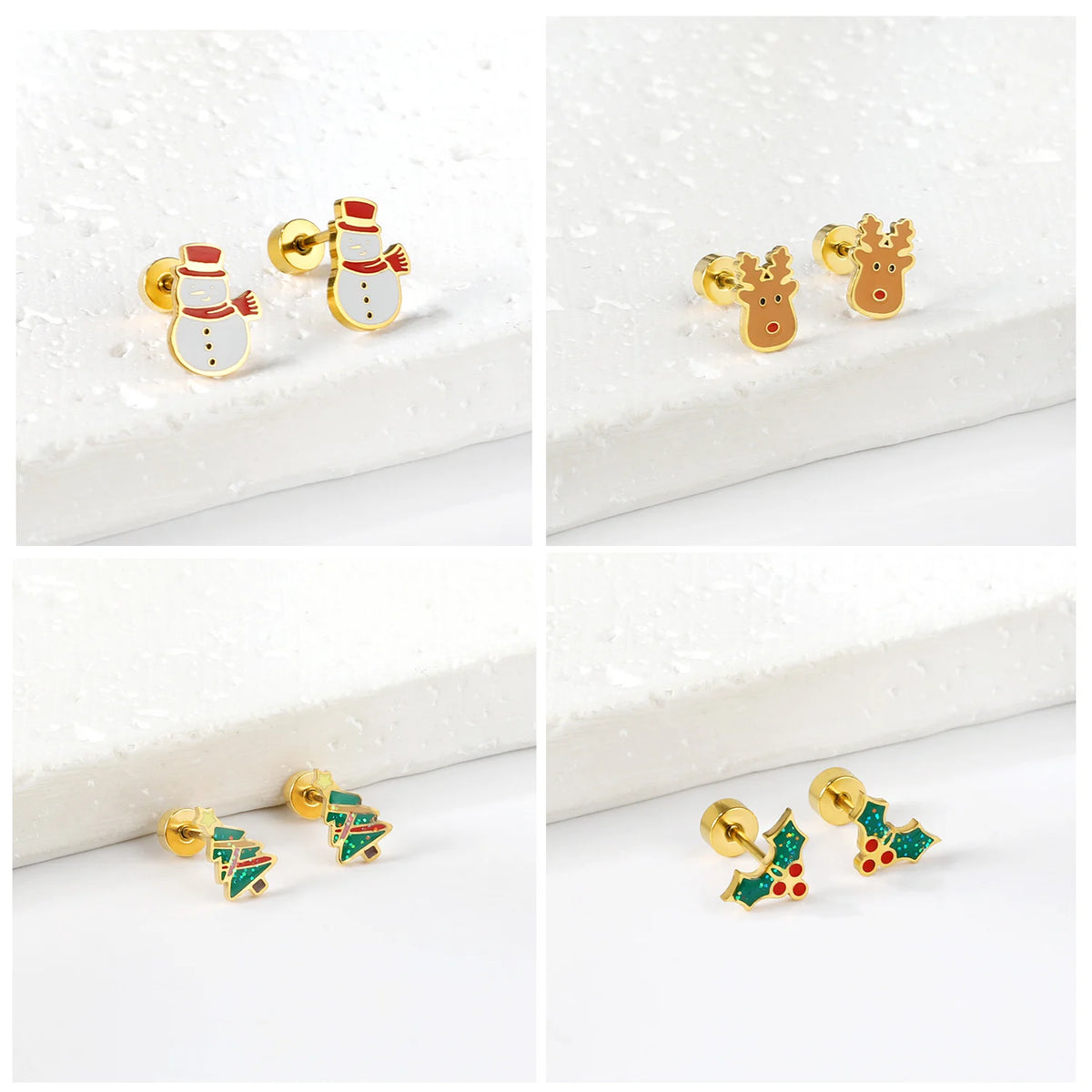 Stainless steel Christmas tree, deer head, and snowman stud earrings by HSF Marketplace