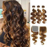P427 Color Body Wave Human Hair Bundles With Closure 4x4 Transparent Lace Closure Raw Brazilian Hair Double Weft  3/4 Pc Bundle