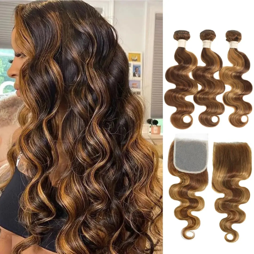 P427 Color Body Wave Human Hair Bundles With Closure 4x4 Transparent Lace Closure Raw Brazilian Hair Double Weft  3/4 Pc Bundle