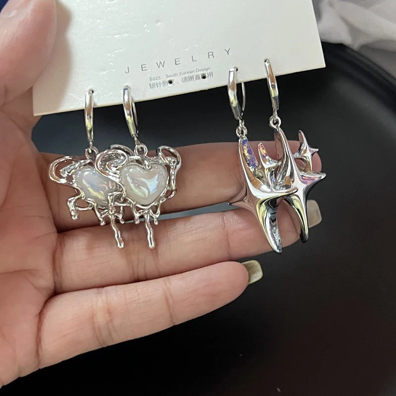 Silver-tone star heart hoop earrings with opal stones for women, Y2K-inspired jewelry by HSF Marketplace