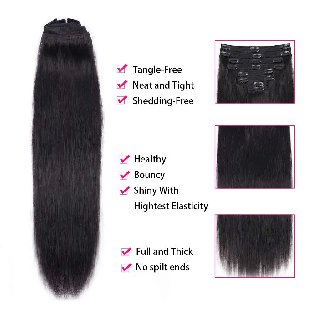 Straight natural black clip-in hair extensions, 120g full head set with 8 pieces of 100% human hair