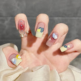 24pcs cute girly short square false nails with white French tips, glitter stars, rhinestones, bows and cat-eye accents