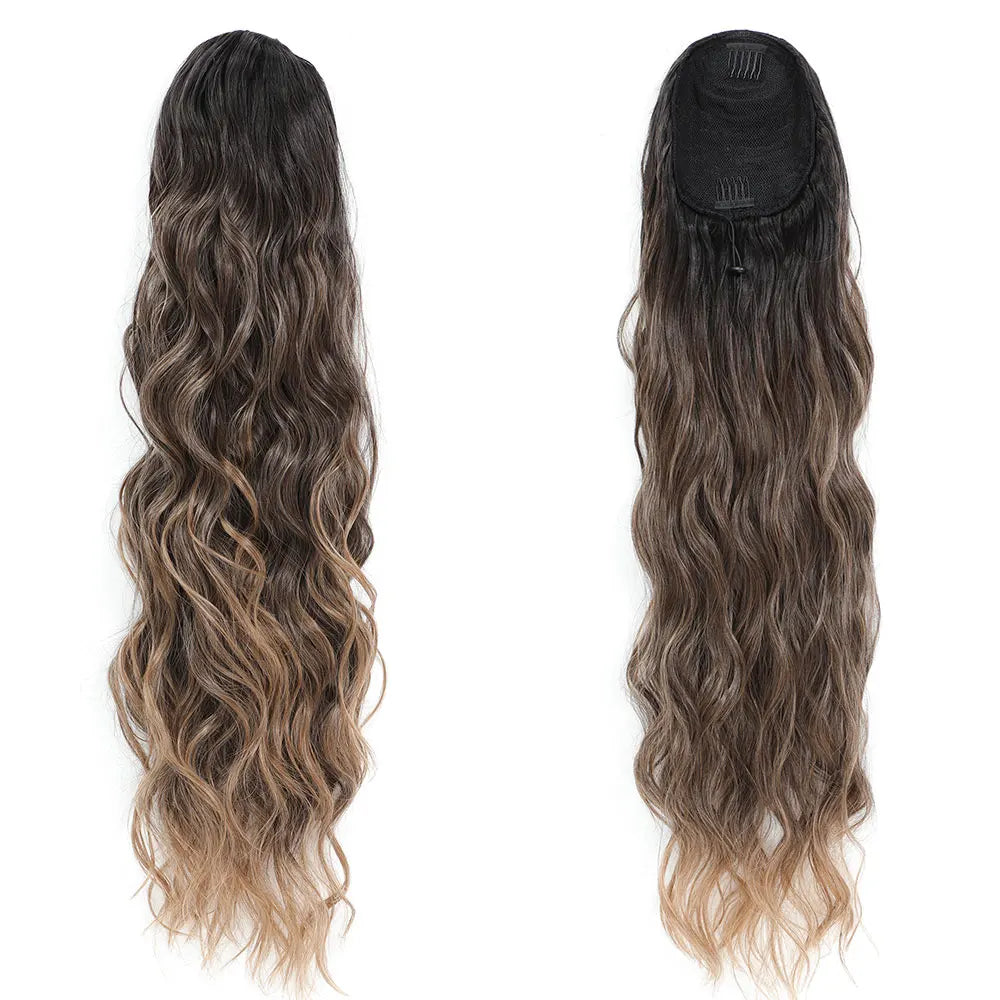 28-inch body wave drawstring ponytail hair extension in ombre brown with blonde highlights