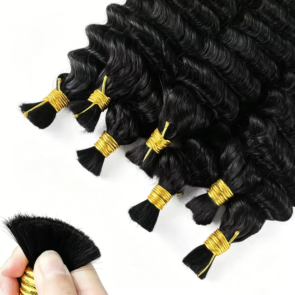 Deep Wave 1B Human Hair Bulk No Weft Curly Braiding Hair Extensions, Soft Real Human Hair Bulk For Making Knotless Boho Braids Various Fashion Braided Hairstyles For Ladies