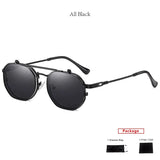 Mimiyou polarized polygon flip-up sunglasses for women and men with vintage punk style, UV400 protection, black frames, and sun shields.