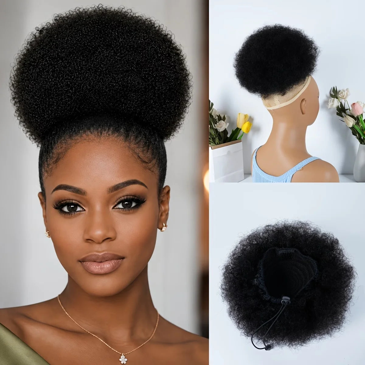 HSF Marketplace human hair afro curly drawstring ponytail wig with small curls, fluffy volume, and secure non-slip fit