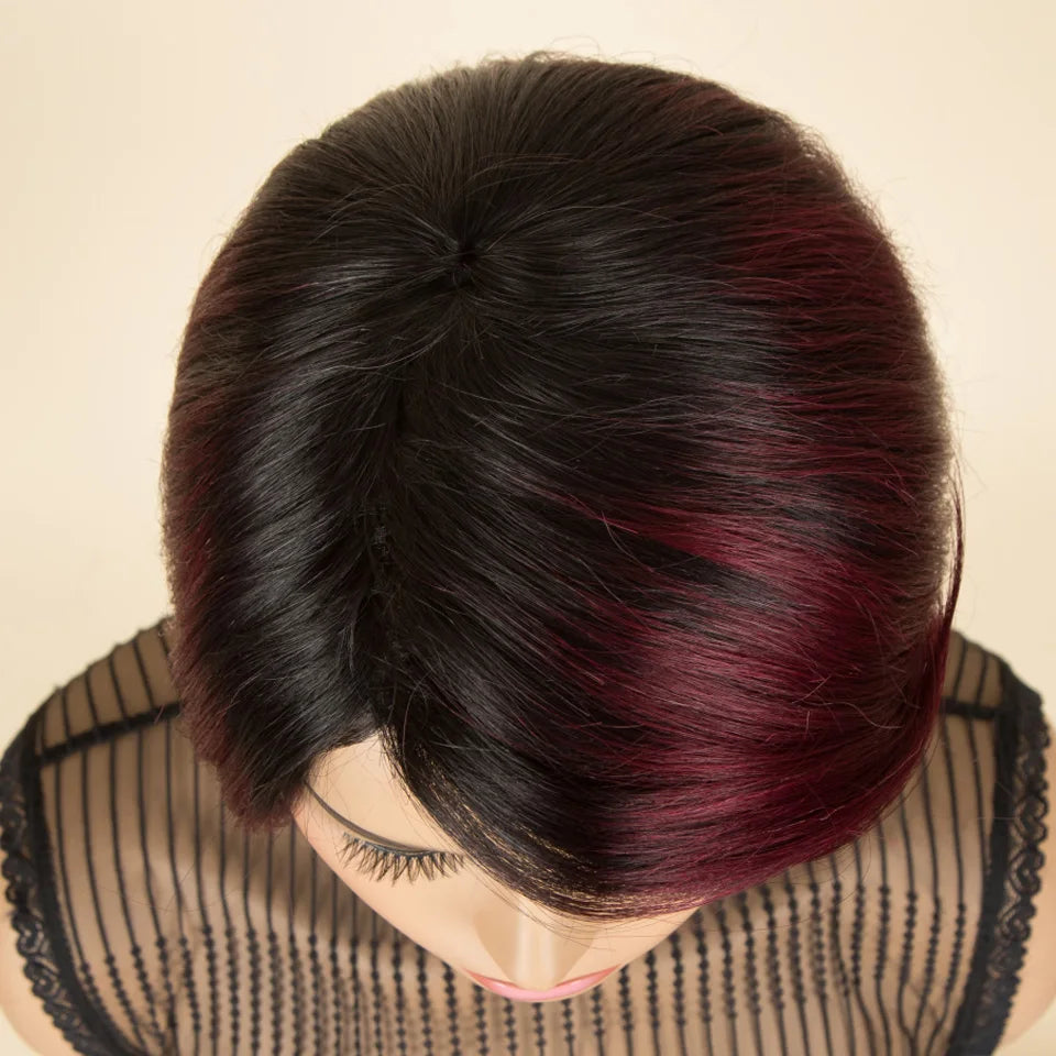 Burgundy 1B/99J short pixie cut human hair wig with side part, straight bob style, Brazilian Remy hair, full machine-made, for women.