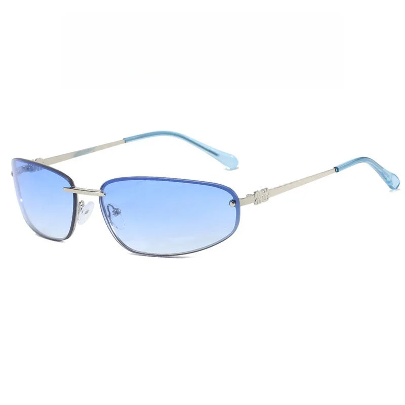 Oval frameless Y2K luxury sunglasses by HSF Marketplace featuring high-end punk style, perfect for outdoor retro fashion for women.