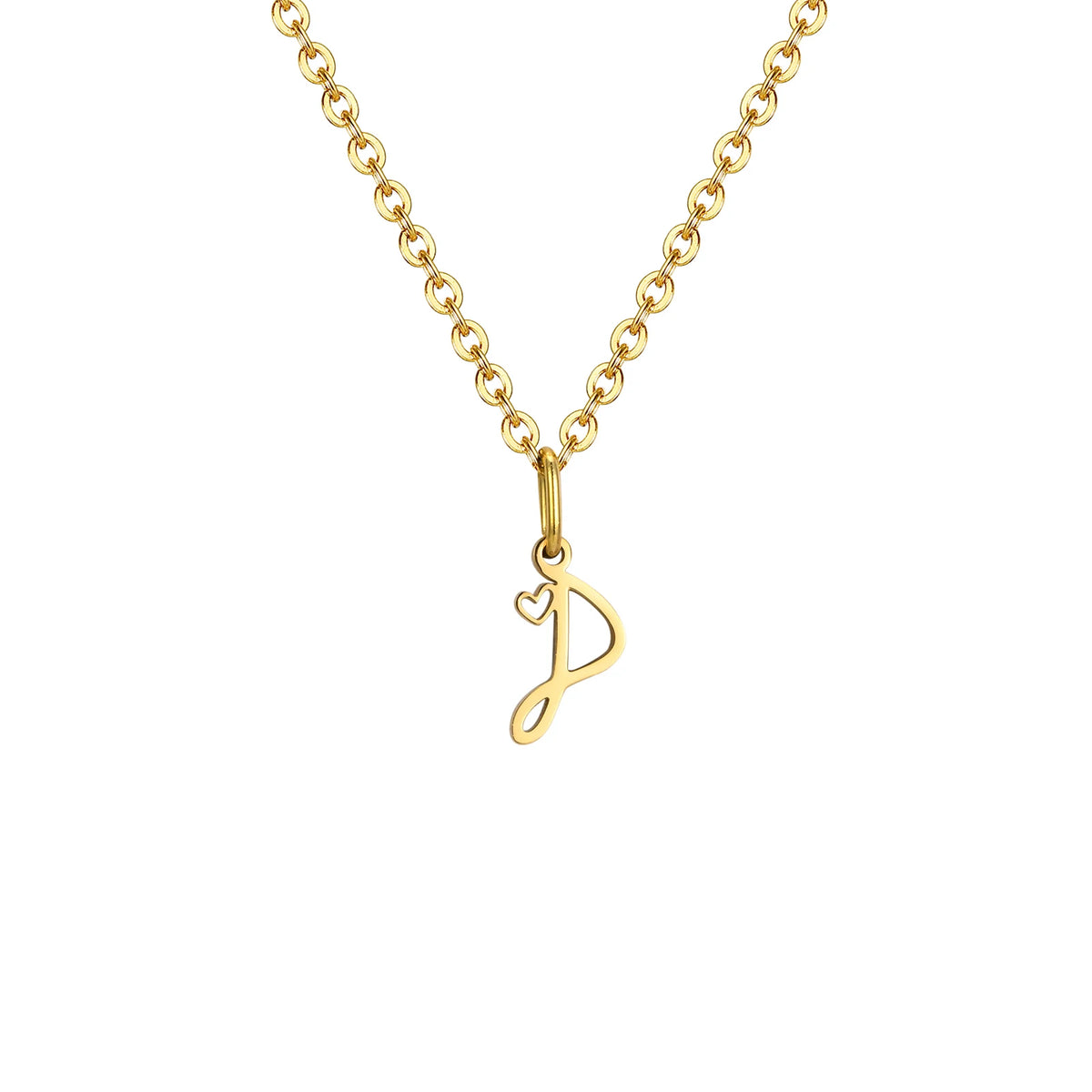 Gold plated dainty heart initial necklace for women with A-Z letter pendant, waterproof stainless steel monogram jewelry.