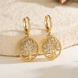 Gold color Life Tree drop earrings with clear CZ stones for women