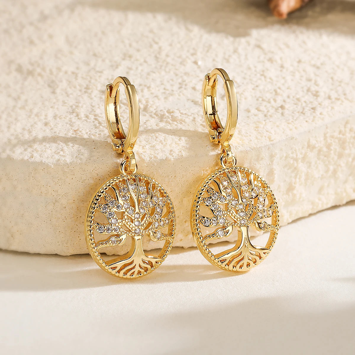 Gold color Life Tree drop earrings with clear CZ stones for women