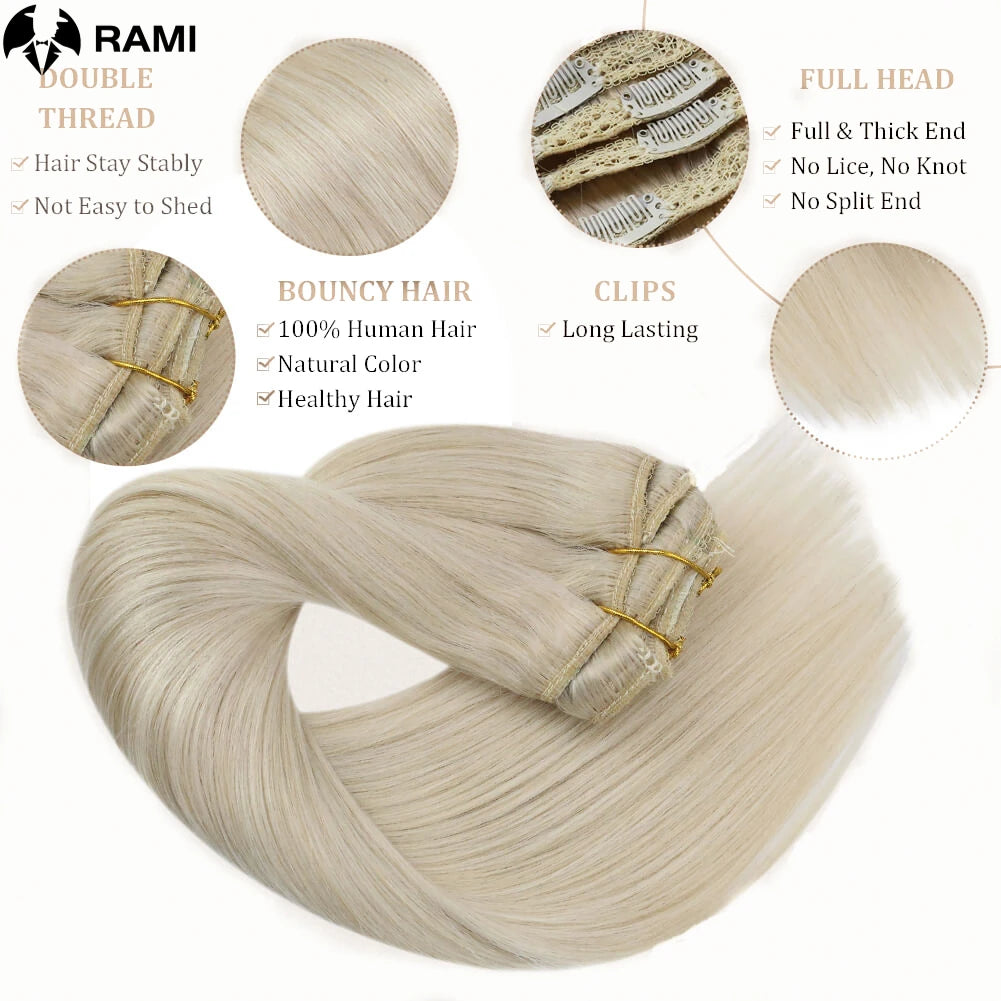 7-piece clip-in 100% human hair extensions, natural straight Remy hair wefts in 12–26 inch lengths