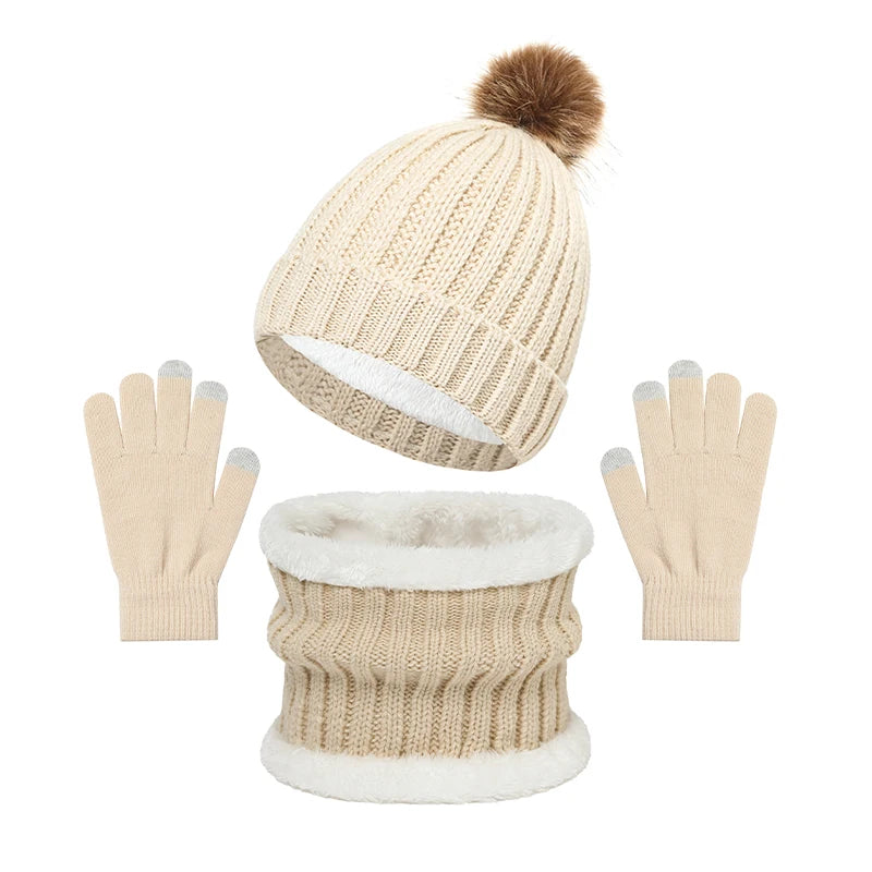 Women’s knitted winter hat, scarf, and gloves set by HSF for outdoor cold-weather wear