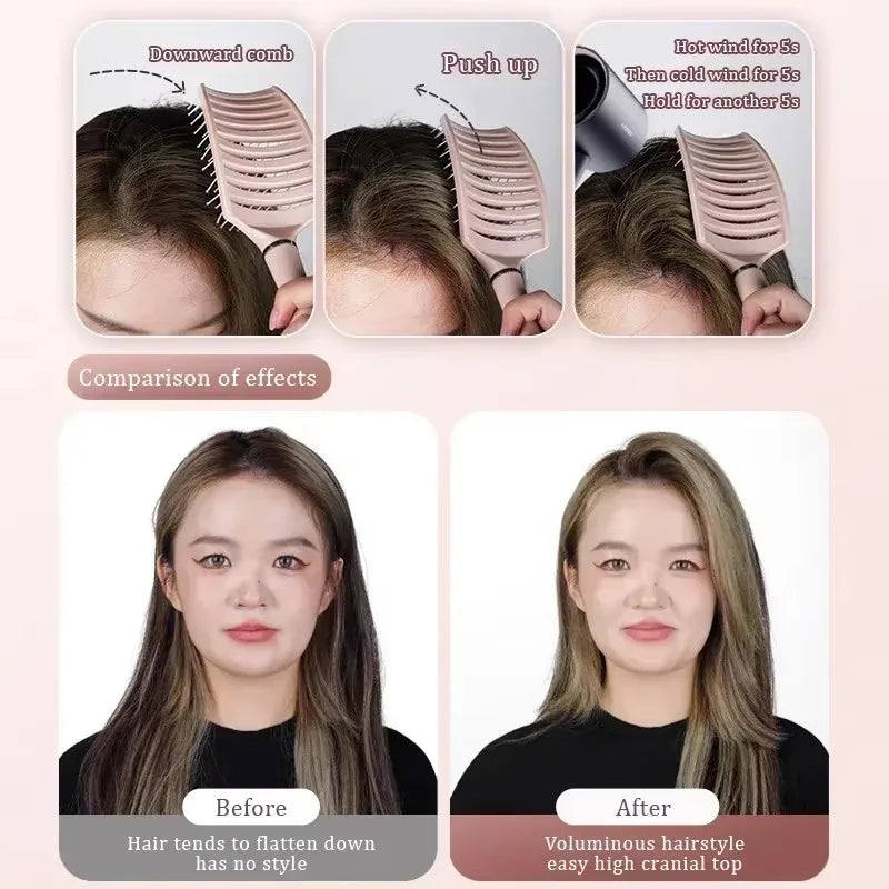 Big curved air cushion comb for all hair types, designed for gentle detangling and anti-hair loss care