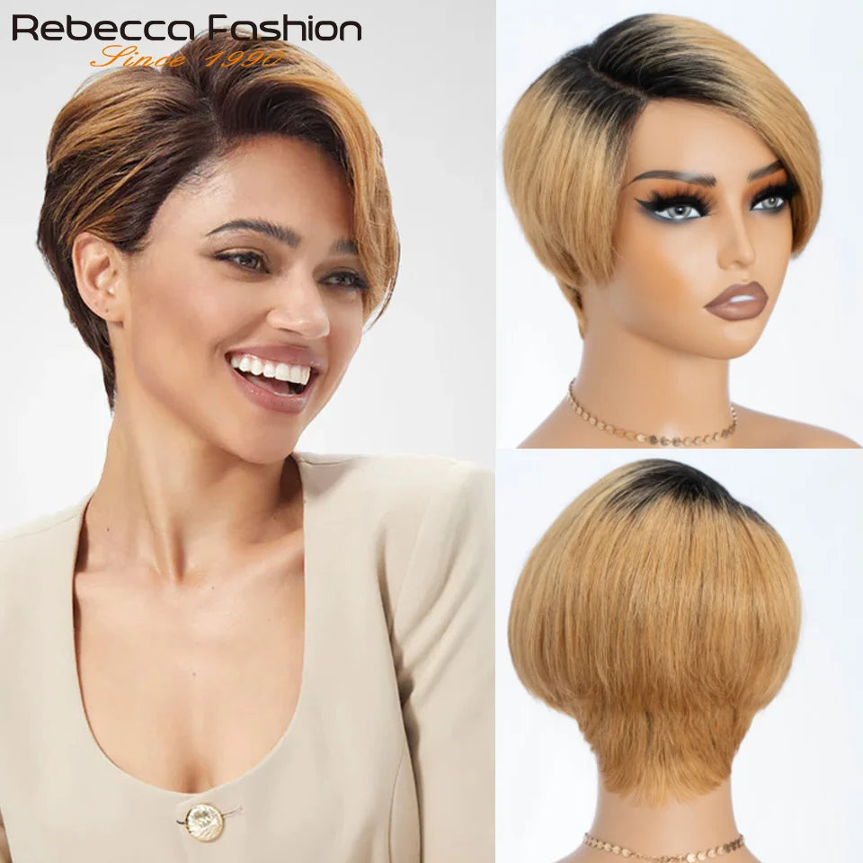 Straight Rebecca short bob pixie wig with transparent lace front, preplucked Brazilian human hair for women, easy wear.