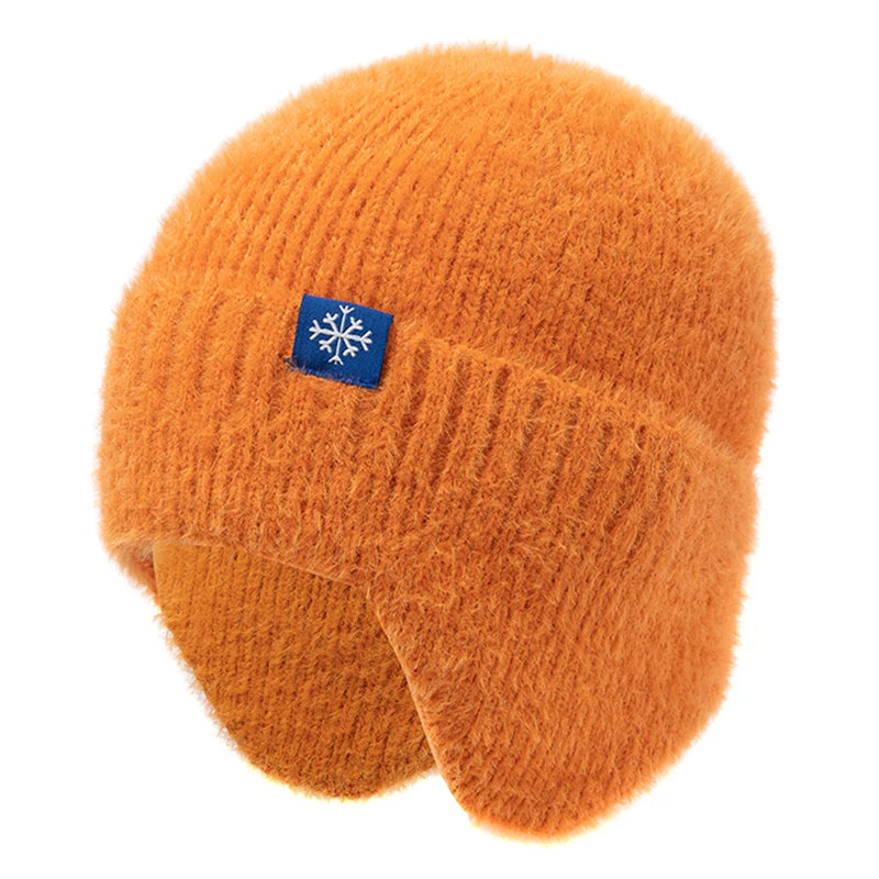 Women's candy-color faux fur knitted earflap winter hat, soft Kpop-style beanie cap by HSF Marketplace