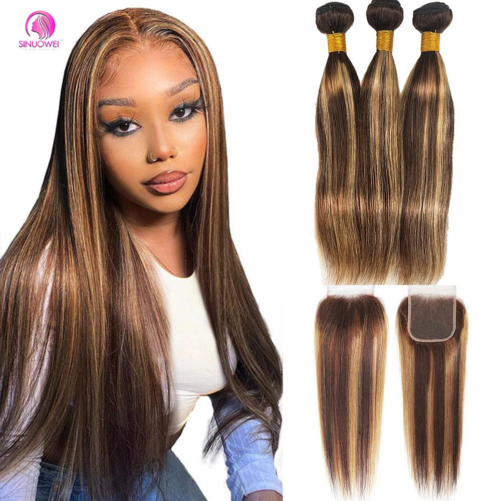 Brazilian P4/27 Highlight Bundles With Closure 4x4 Transparent Lace Closure With Straight Bundles 3/4 Human Hair