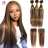 Brazilian P4/27 Highlight Bundles With Closure 4x4 Transparent Lace Closure With Straight Bundles 3/4 Human Hair