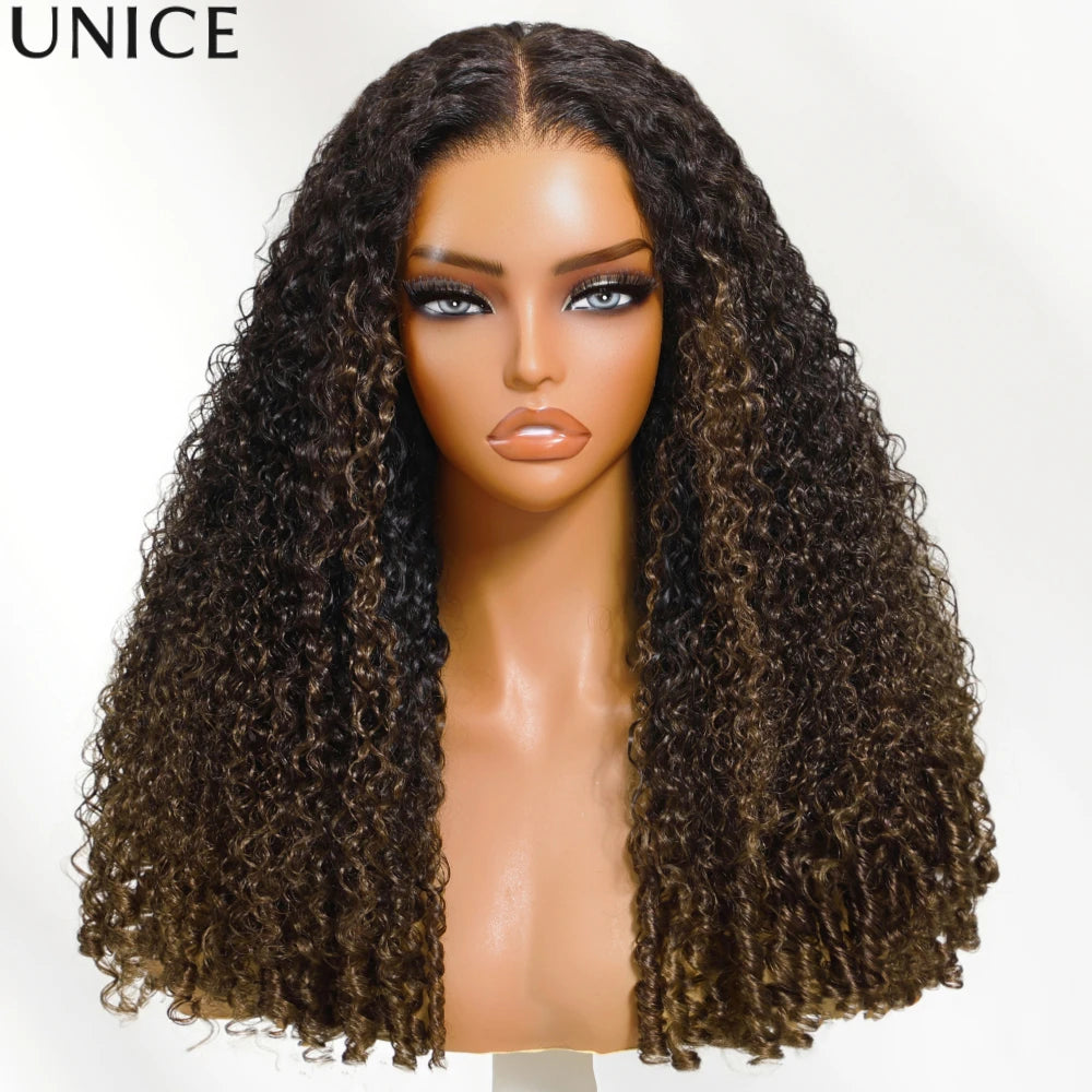 Unice Bye-Bye Slip 7x5 lace Burmese curly human hair wig with chestnut brown ombre color and finger coil ends, glueless and ready to wear.