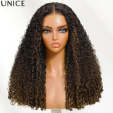 Unice Bye-Bye Slip 7x5 lace Burmese curly human hair wig with chestnut brown ombre color and finger coil ends, glueless and ready to wear.