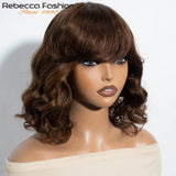 Short body wave bob human hair wig with bangs, ombre color, natural Remy Brazilian hair, loose wave style, 100% human hair wig.