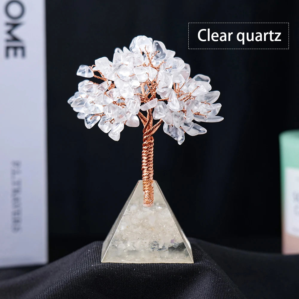 1pc Natural Crystal Tree Ornament Resin Pyramid Base Crystal Crushed Stone Fortune Tree Home Office Decoration Holiday Gift