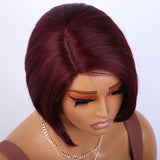Red burgundy short bob human hair wig with side part, straight style, glueless, wear-and-go, by HSF Marketplace.