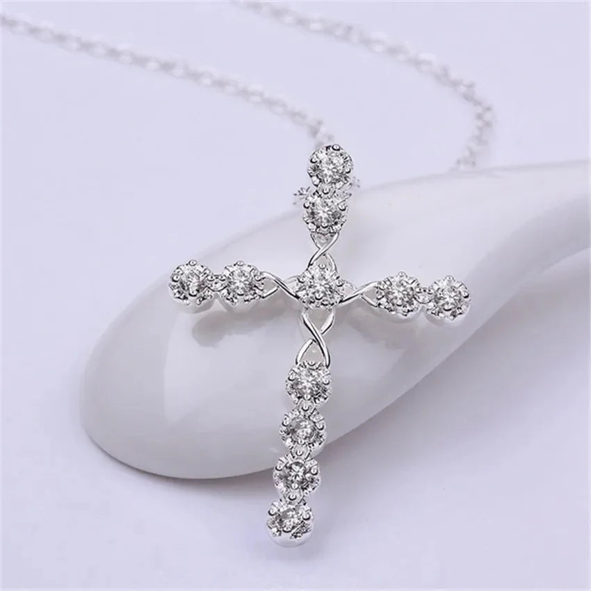Sterling silver 45cm crystal necklace with cross charm, elegant jewelry for women, perfect for weddings or special occasions.