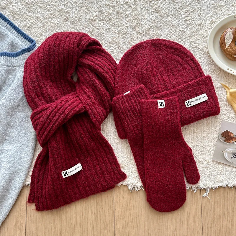 Women's knitted wool hat, scarf and gloves set in soft cashmere, HSF Marketplace winter accessories ensemble